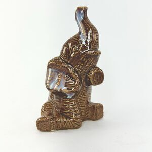 Vintage Glazed Ceramic Elephant Figurine Brown Blue Pottery Trunk Up Decor